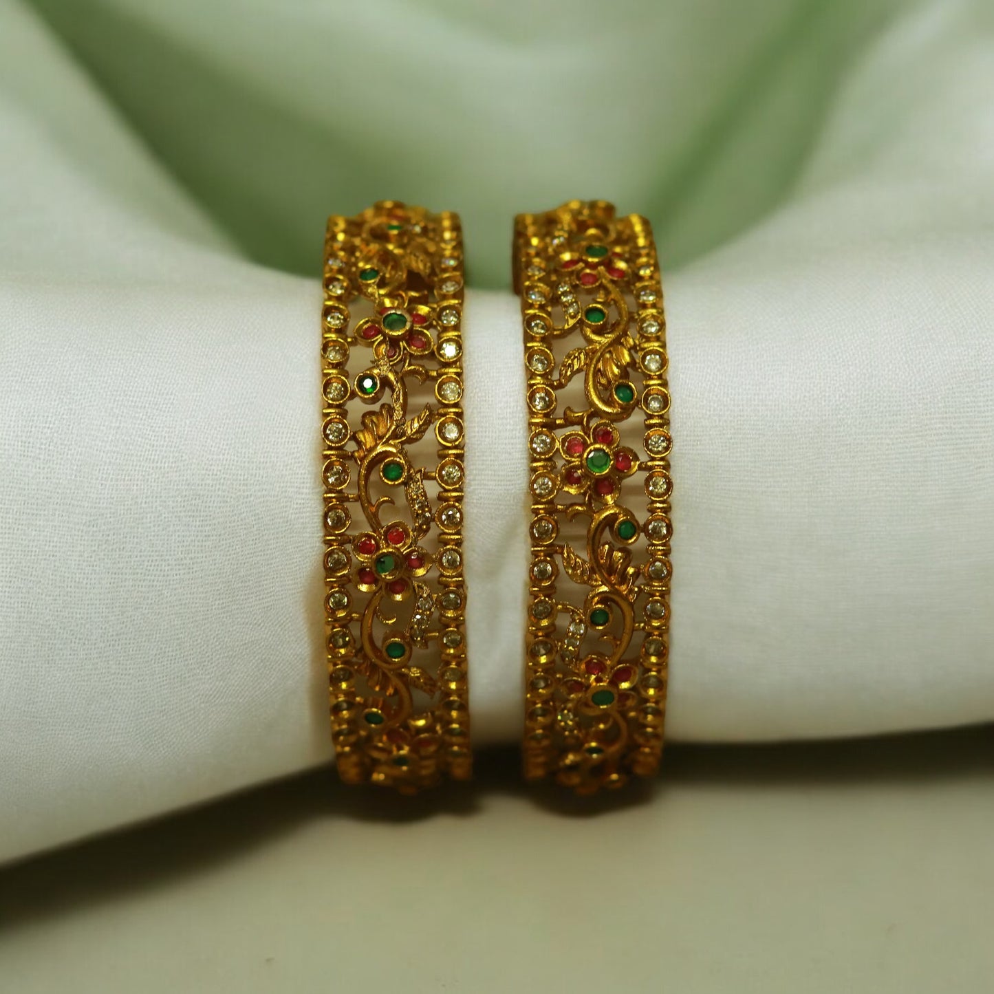 Multi Stones Floral Bangle (Set of 2)