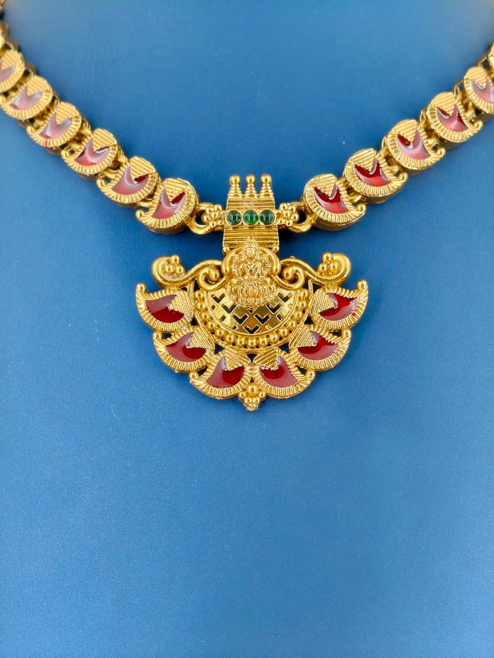 Antique Lakshmi Pendant Enamel Necklace Red