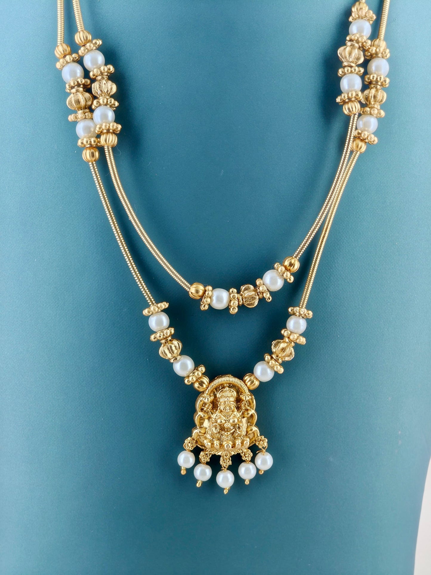 Double Layer White beads Lakshmi Pendant Necklace