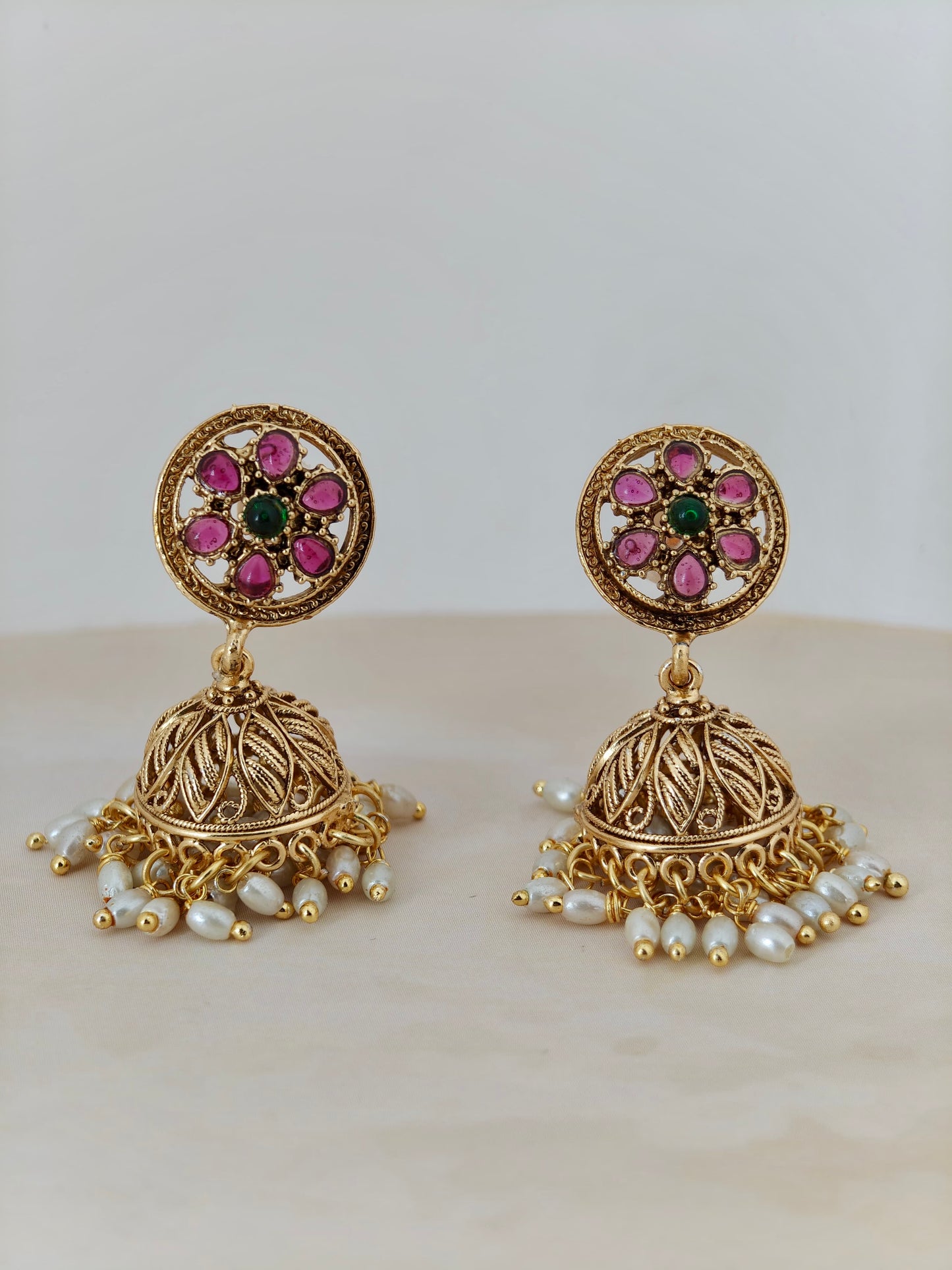 Beautiful Jumka in Ruby and Pearls