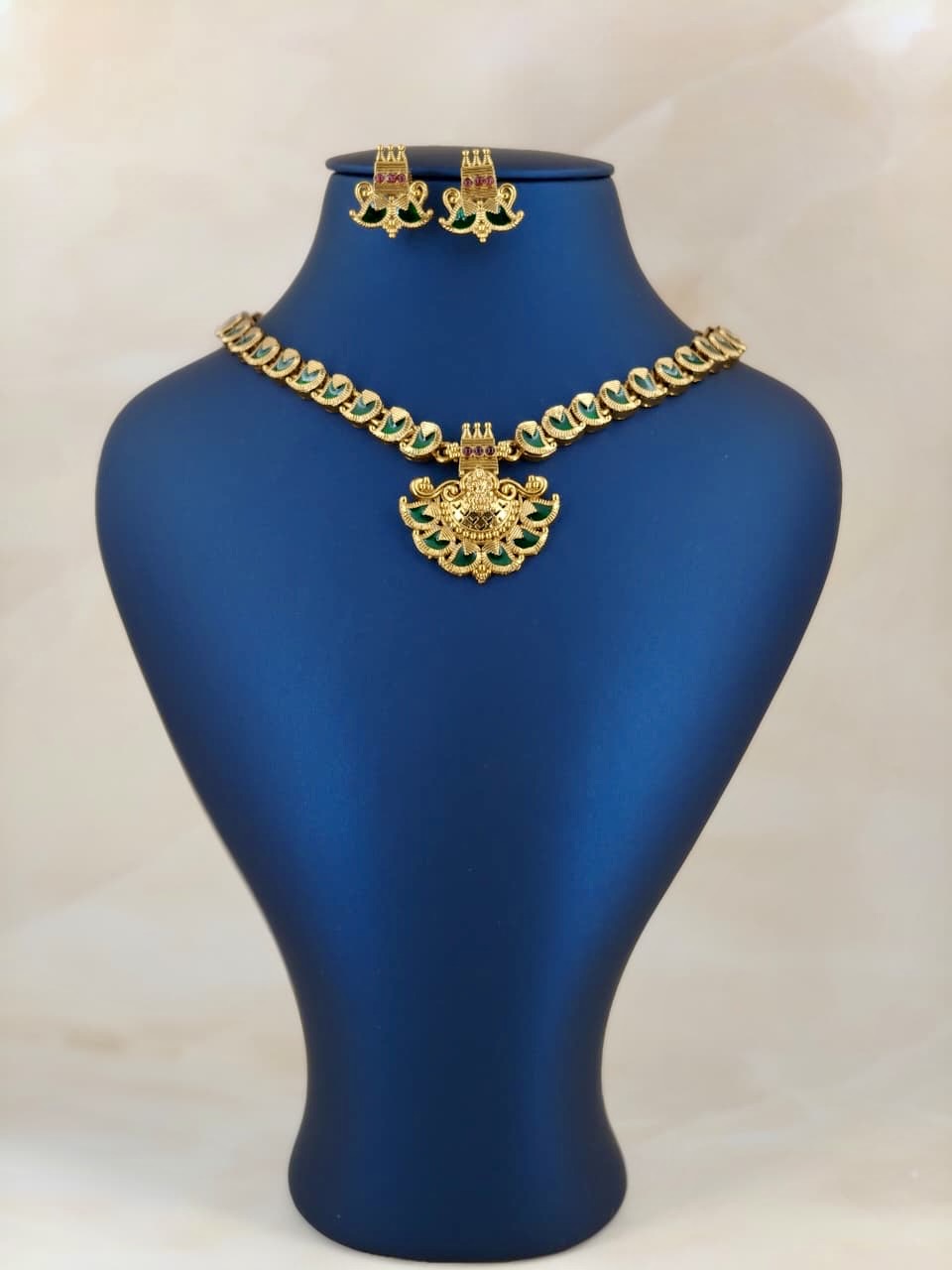 Antique Lakshmi Pendant Enamel Necklace Green
