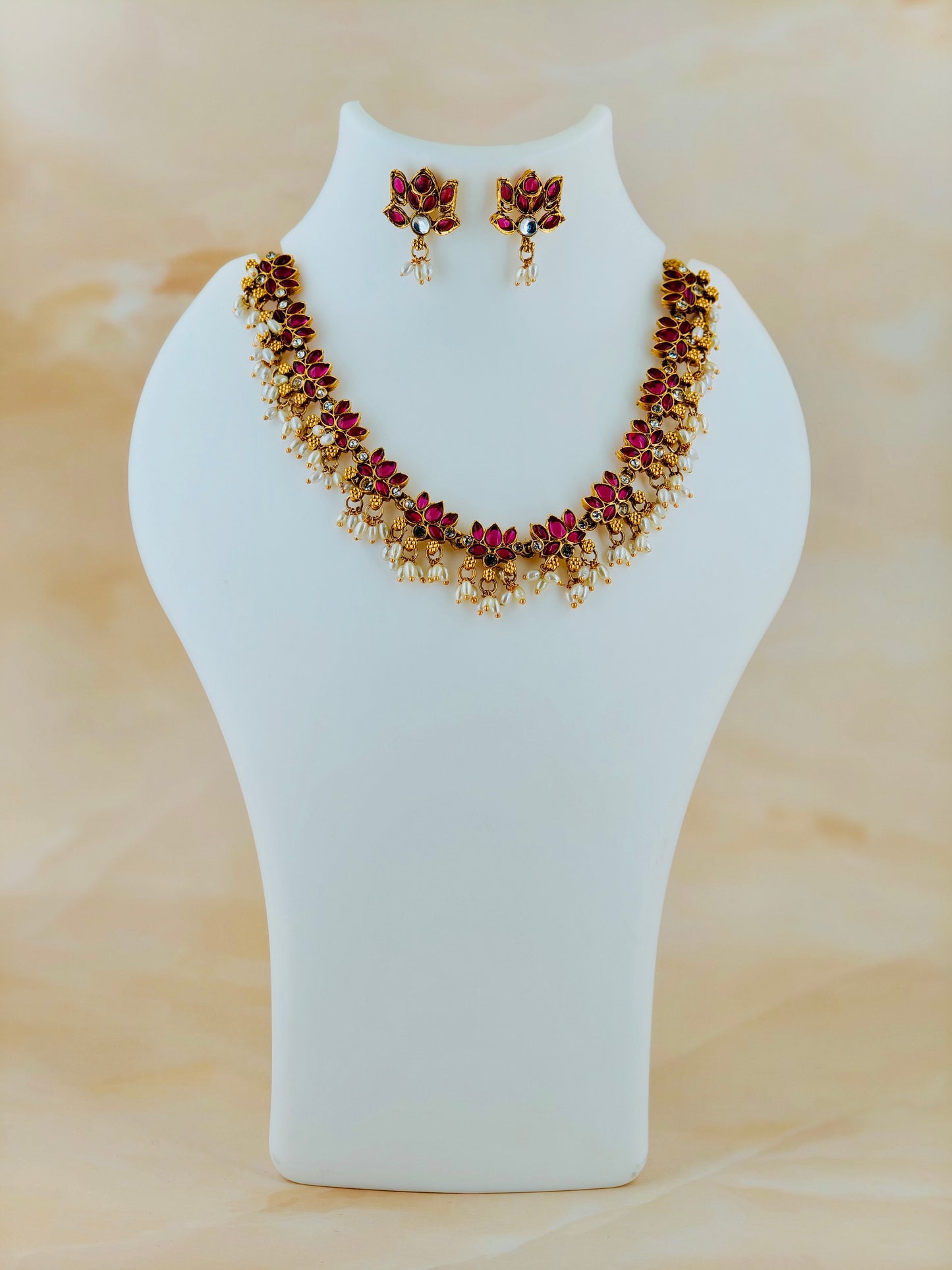 Beautiful Lotus Necklace with rice pearls Ruby
