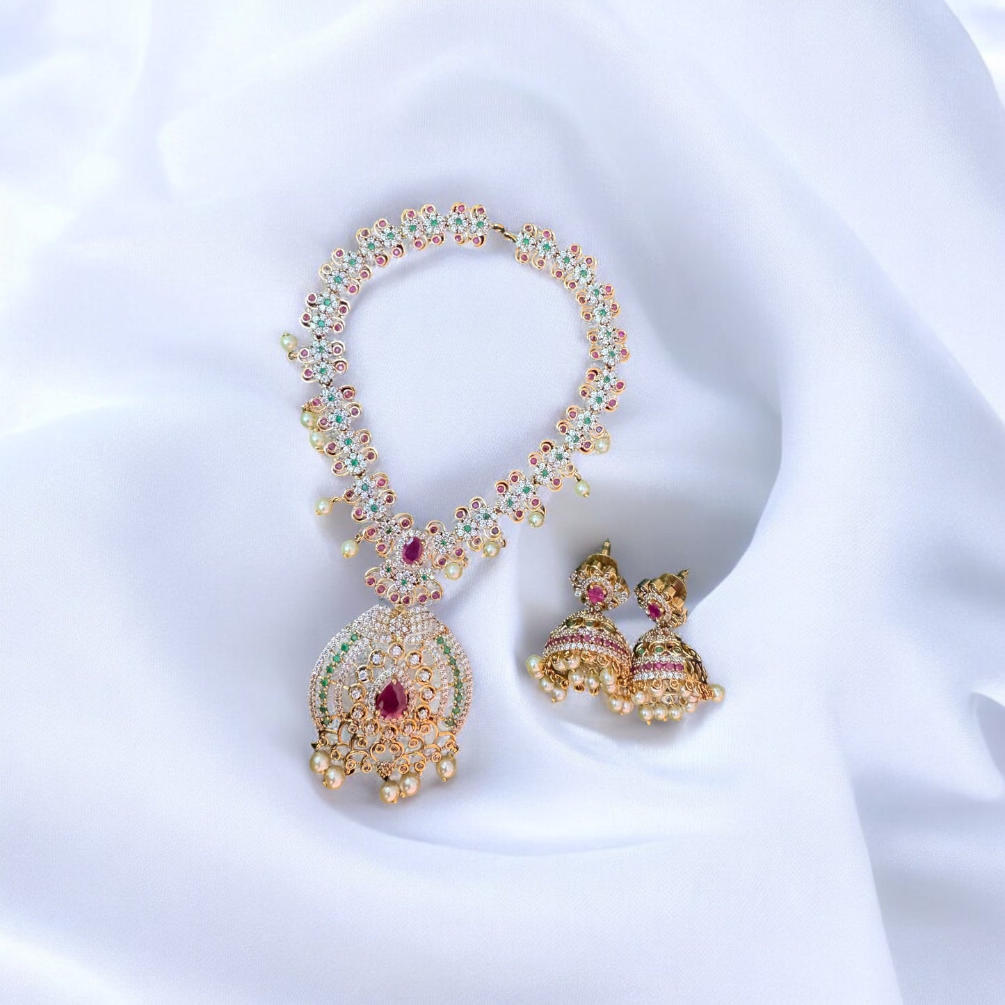 Elegant Matte Finish A D Stone Necklace & Jumka Set