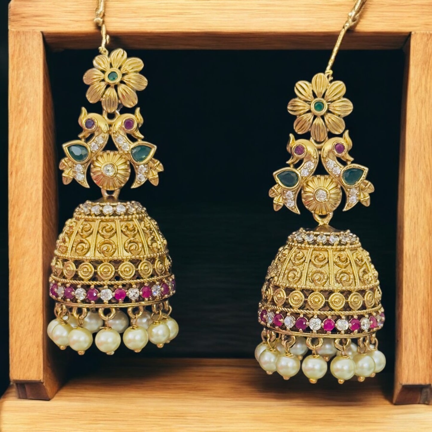 Floral Peacock engraved Jhumka with Pearls