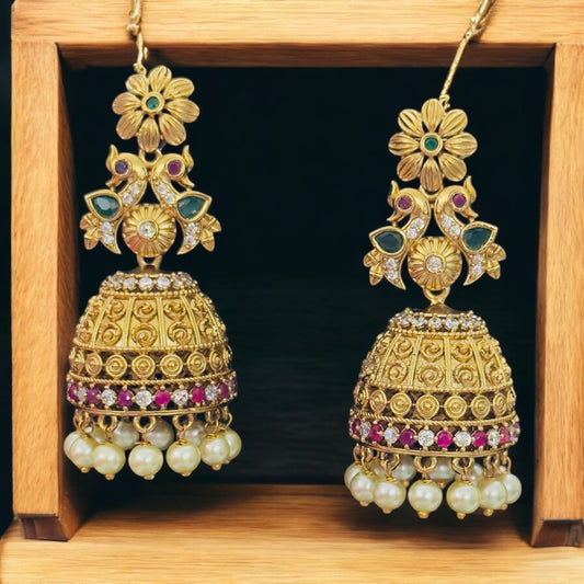 Floral Peacock engraved Jhumka with Pearls