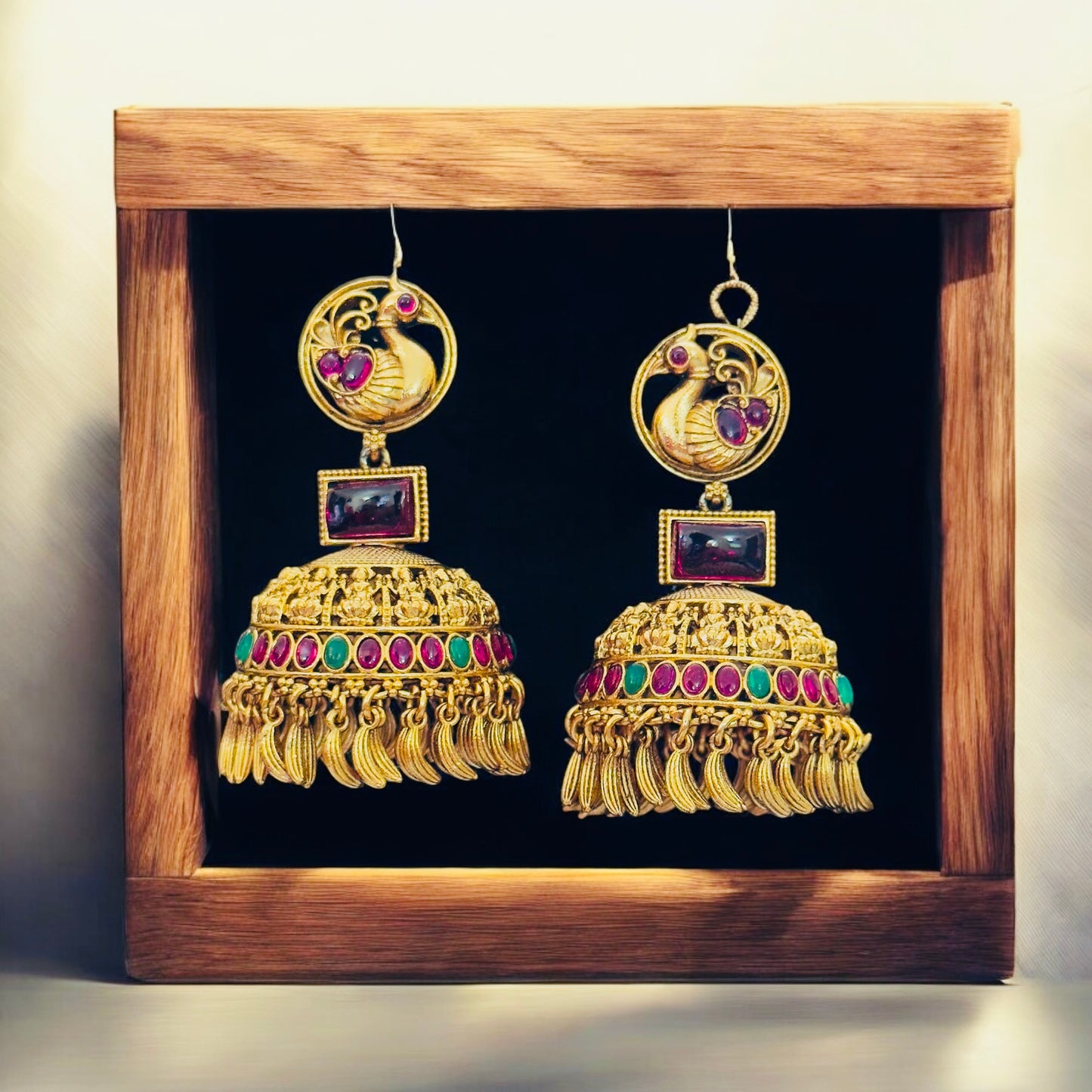 Beautiful Peacock Lakshmi Engraved Bridal Jhumka