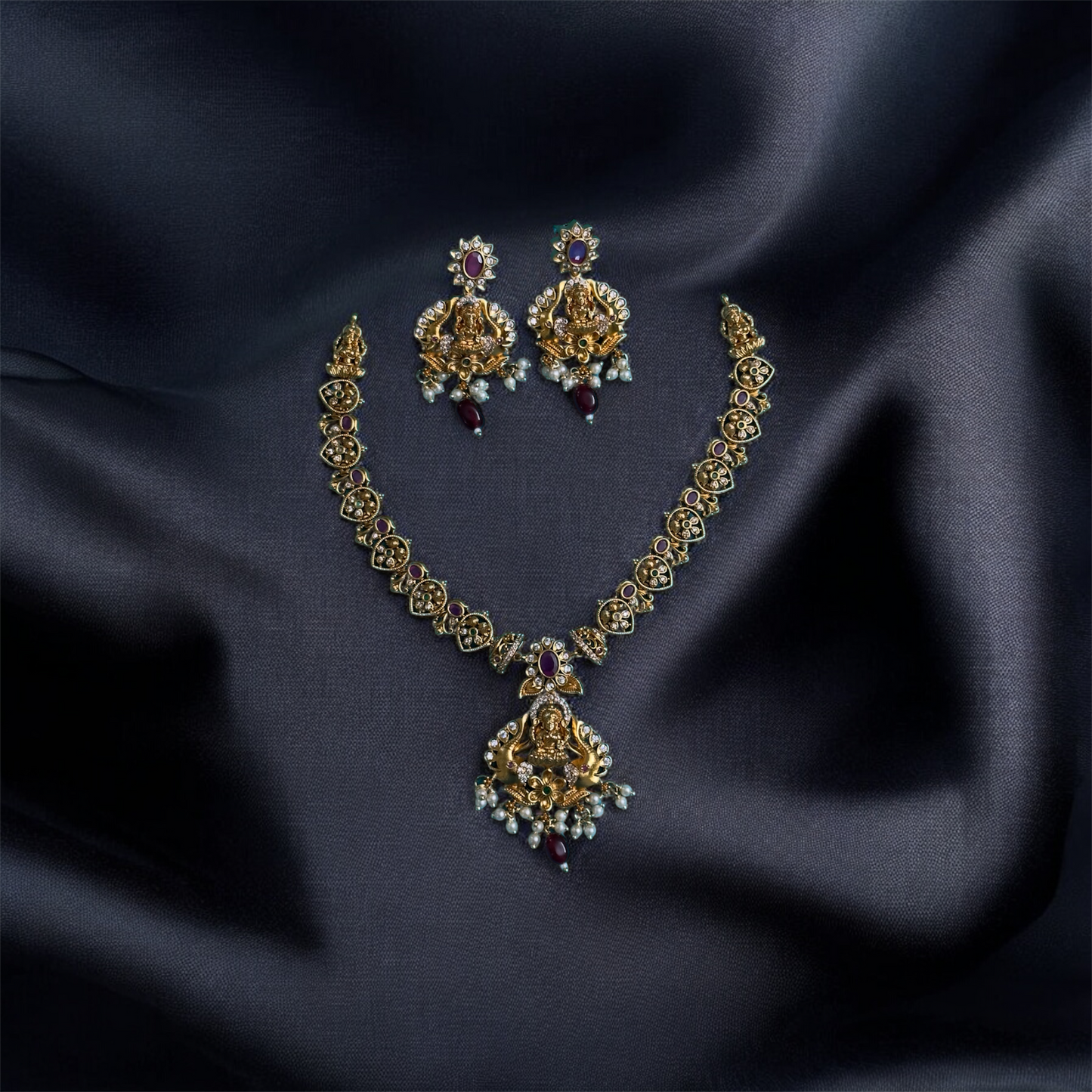 Unique Lakshmi Pendant Necklace with Earrings