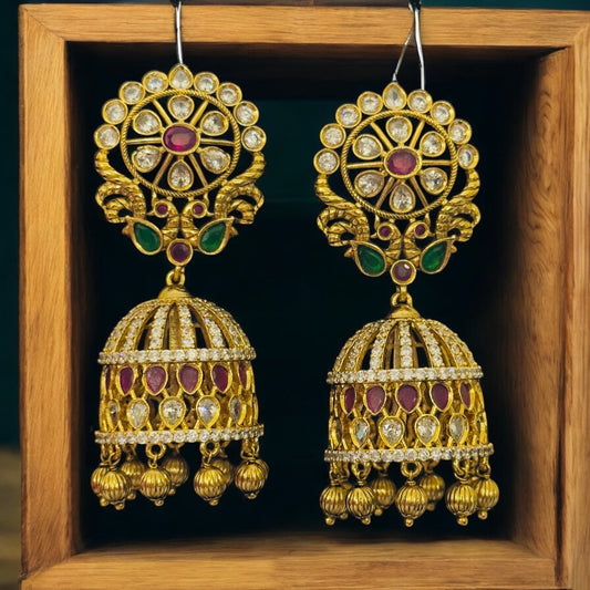 Beautiful Peacock Engraved Multi-stone Bridal Jhumka