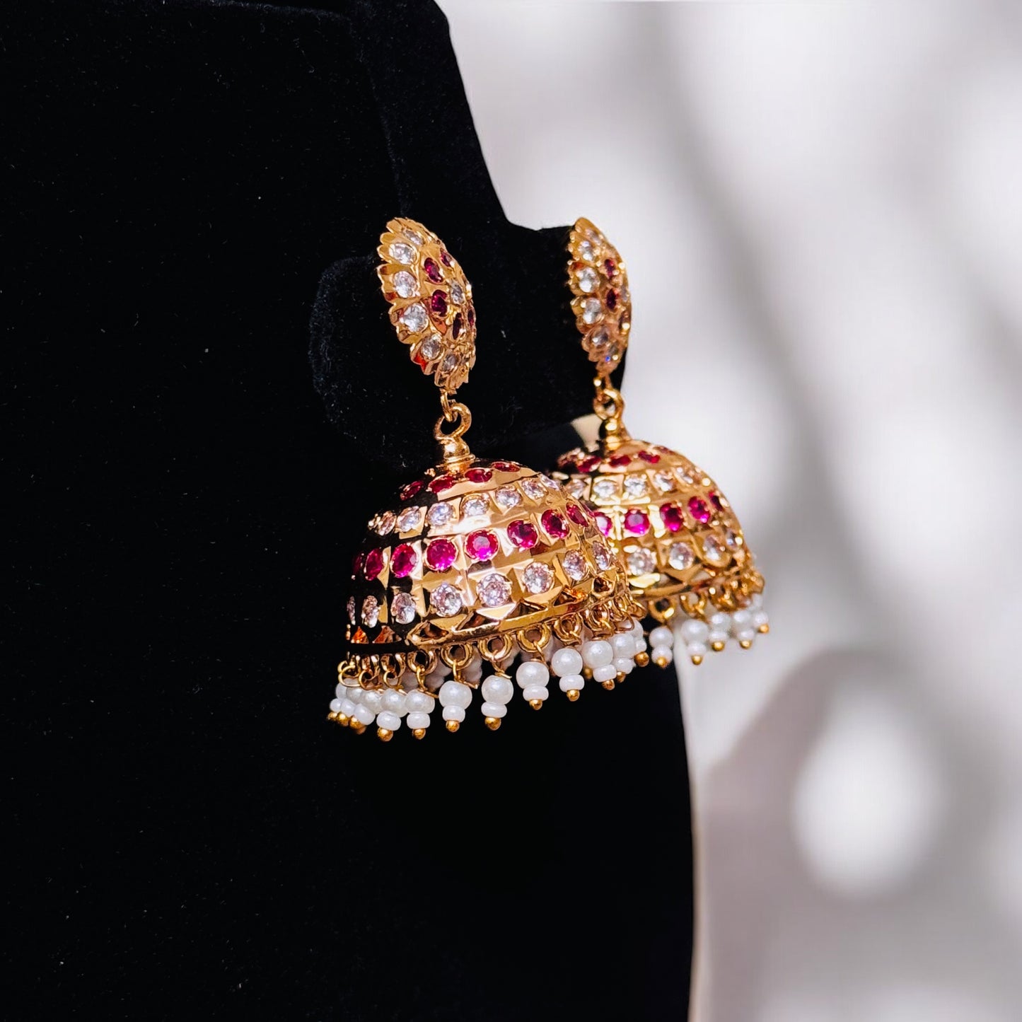 Traditional ruby & white Stone Bridal Jhumka