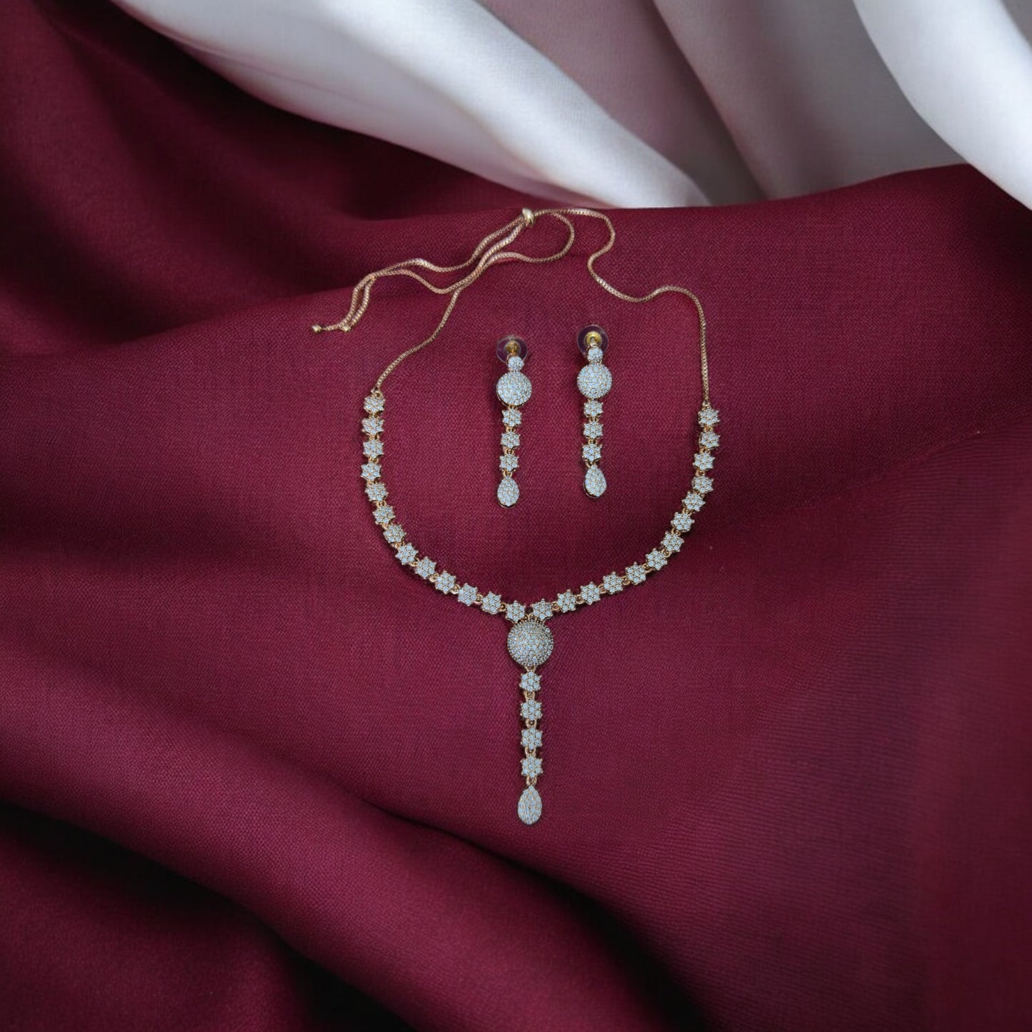 Sparkling A D Stone Rose Gold Necklace & Earrings Set