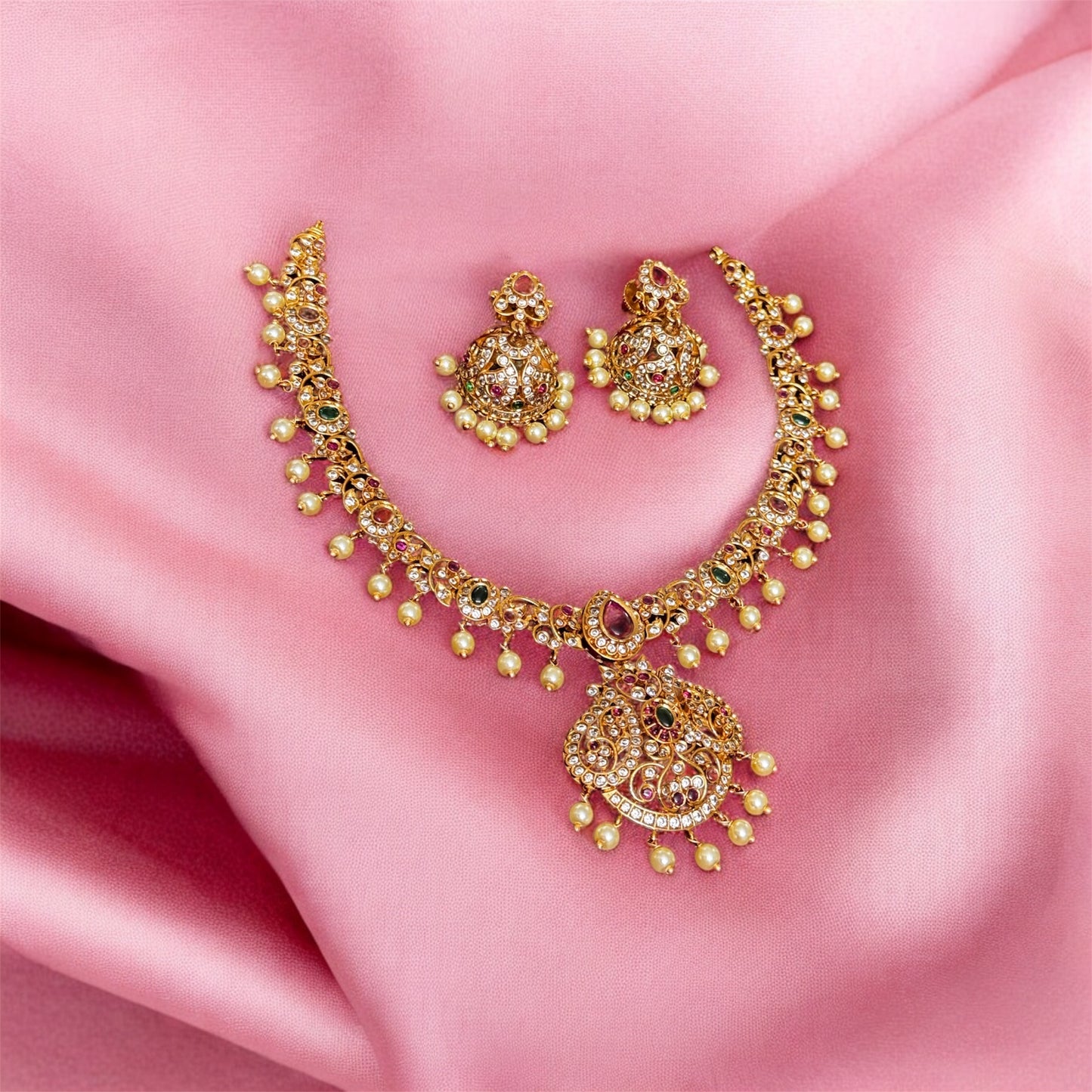 Gorgeous AD Stone Necklace & Jumka Set