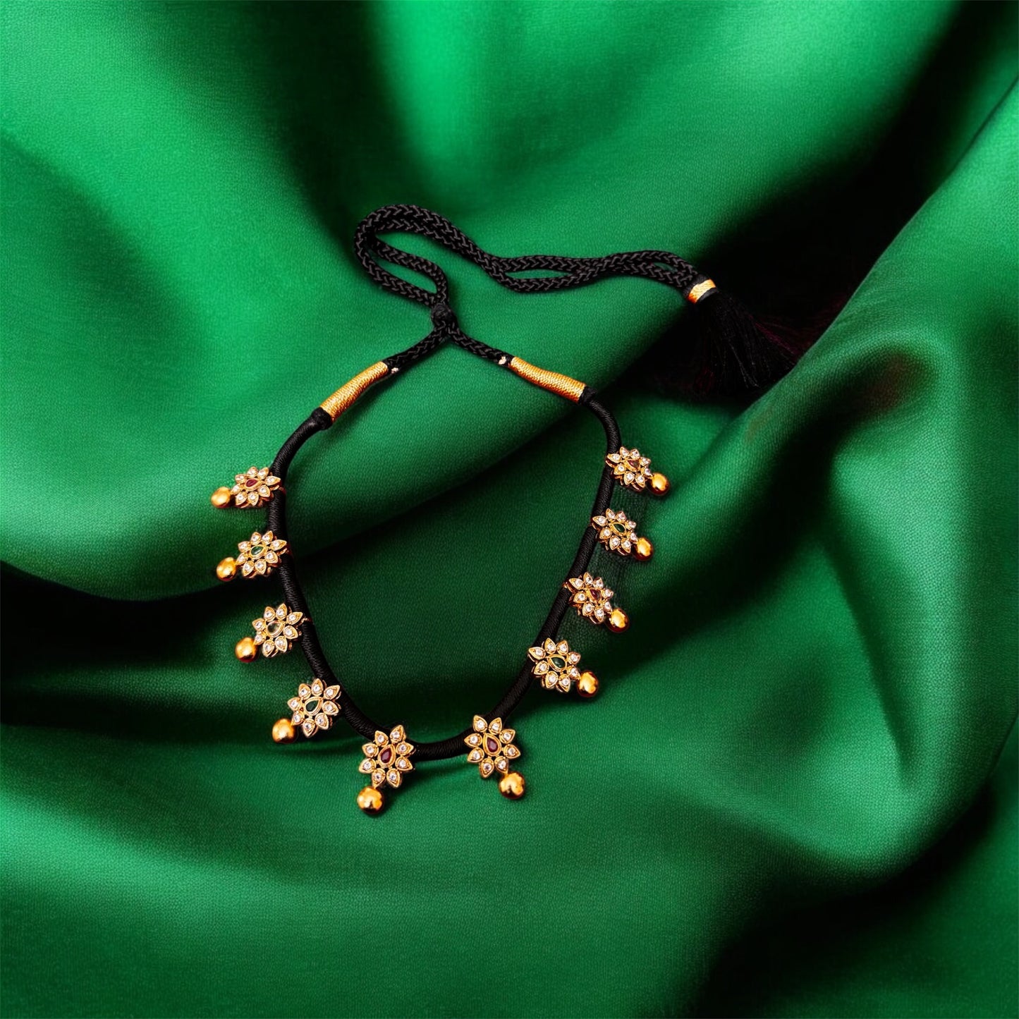 Beautiful Black Thread Multi Stone Floral Necklace & Earrings