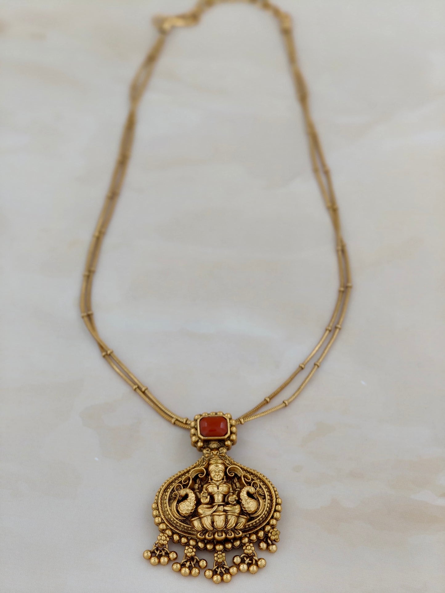 Lakshmi Pendant Simple Necklace with Orange Beads