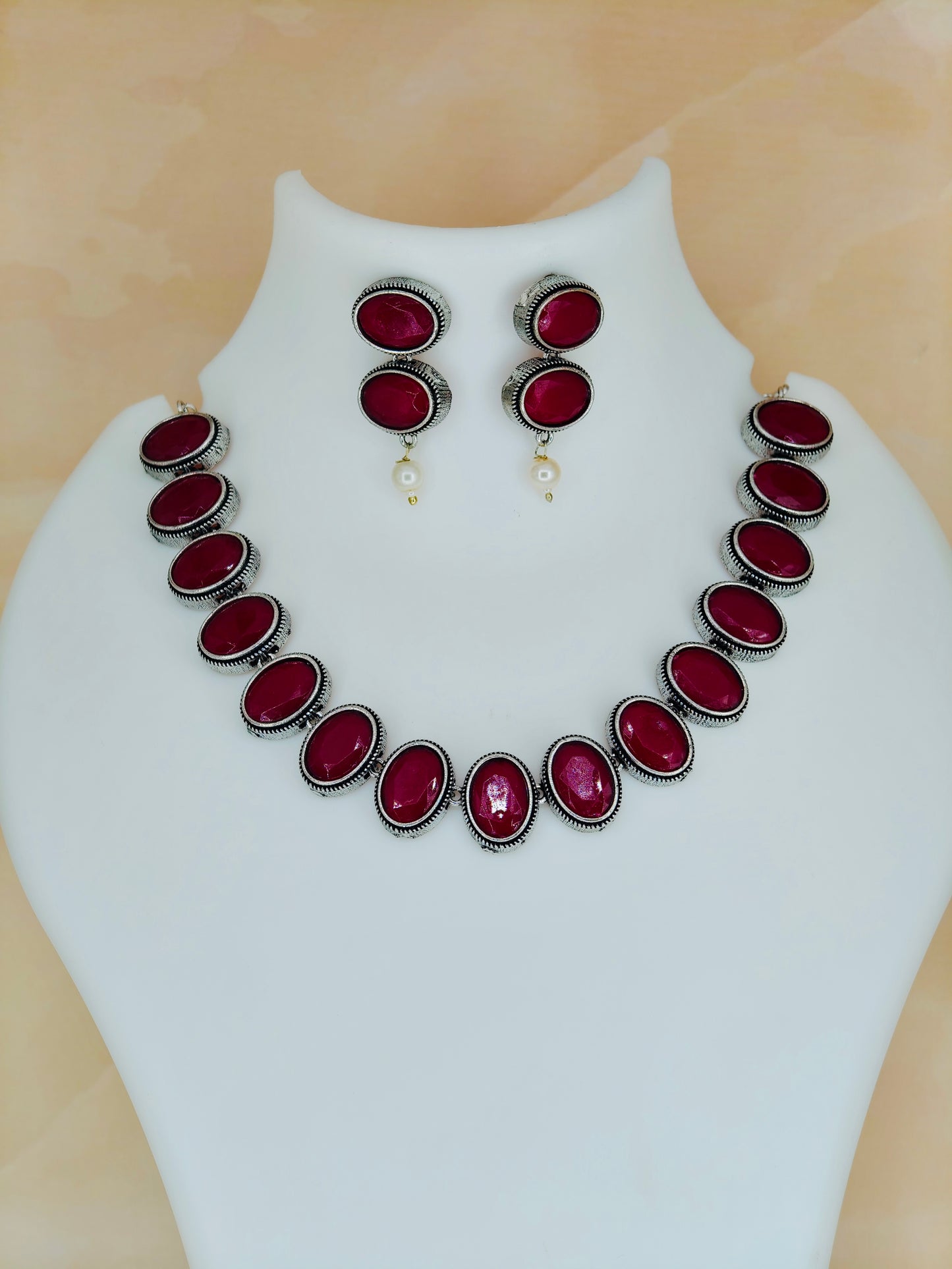 Elegant Oxidised Necklace Set Ruby