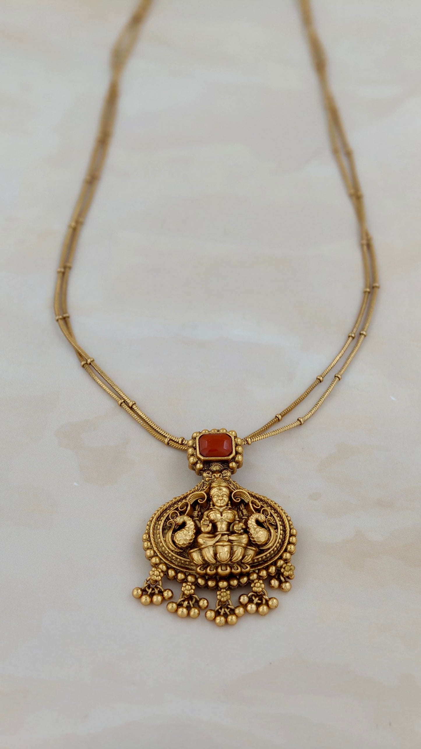 Lakshmi Pendant Simple Necklace with Orange Beads