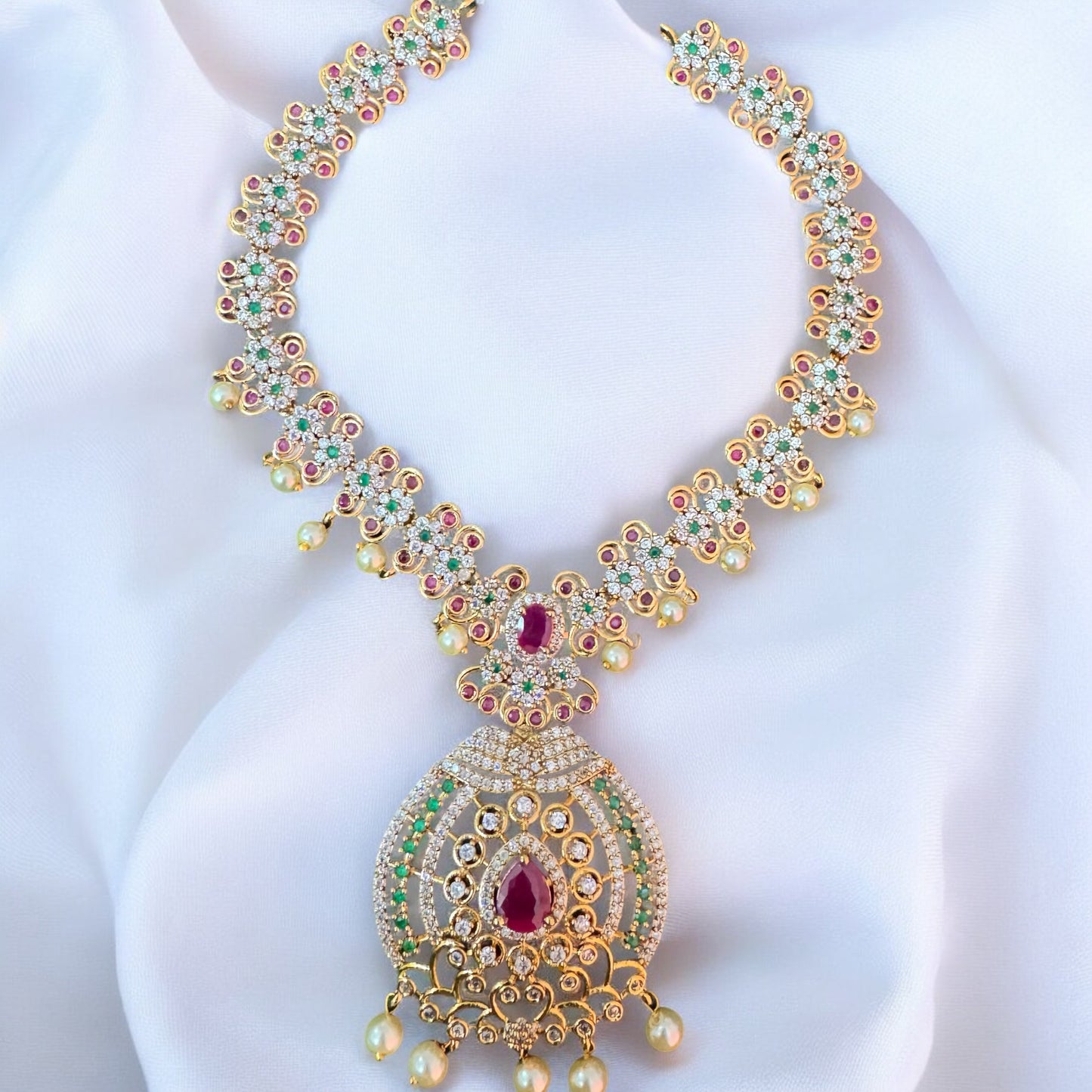 Elegant Matte Finish A D Stone Necklace & Jumka Set