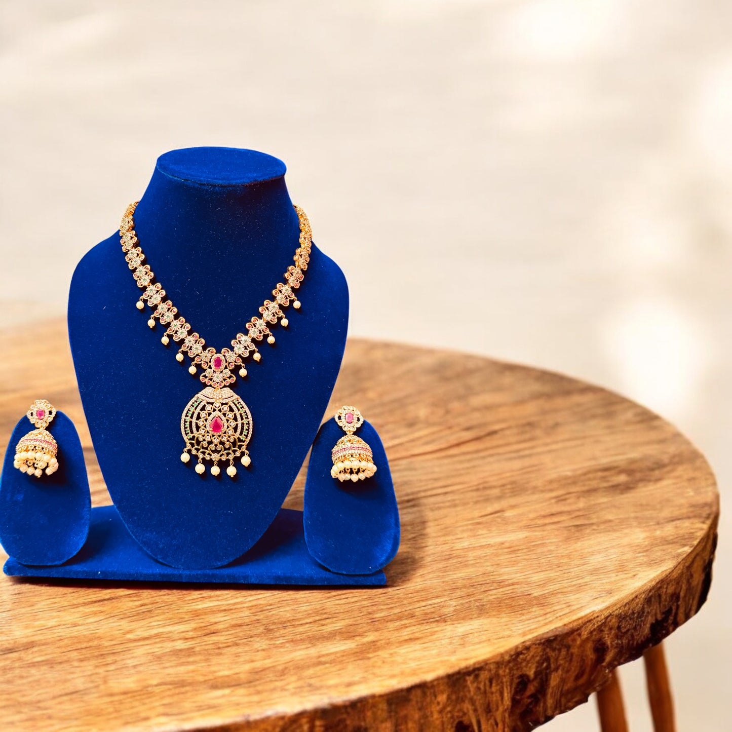 Elegant Matte Finish A D Stone Necklace & Jumka Set