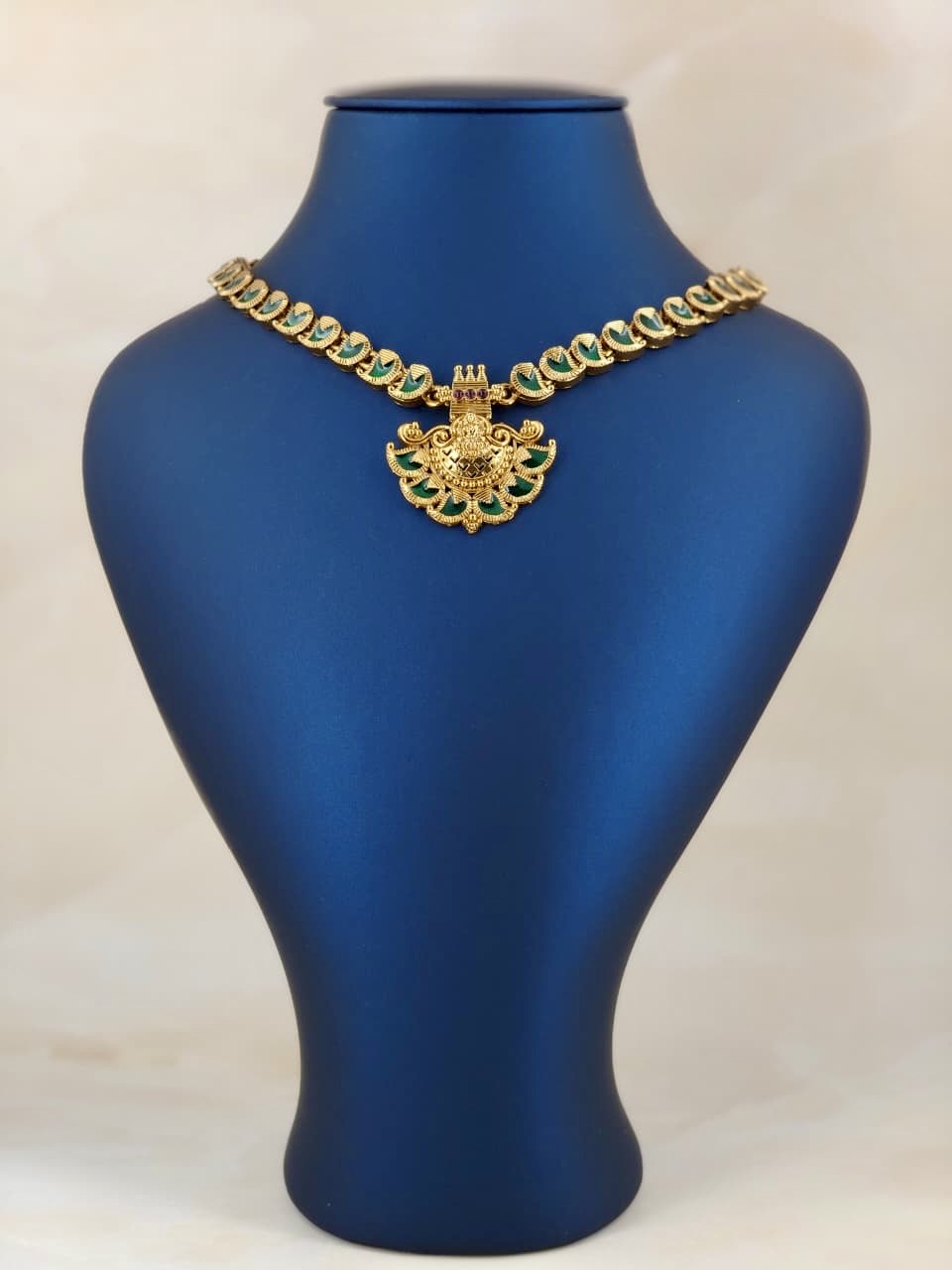 Antique Lakshmi Pendant Enamel Necklace Green