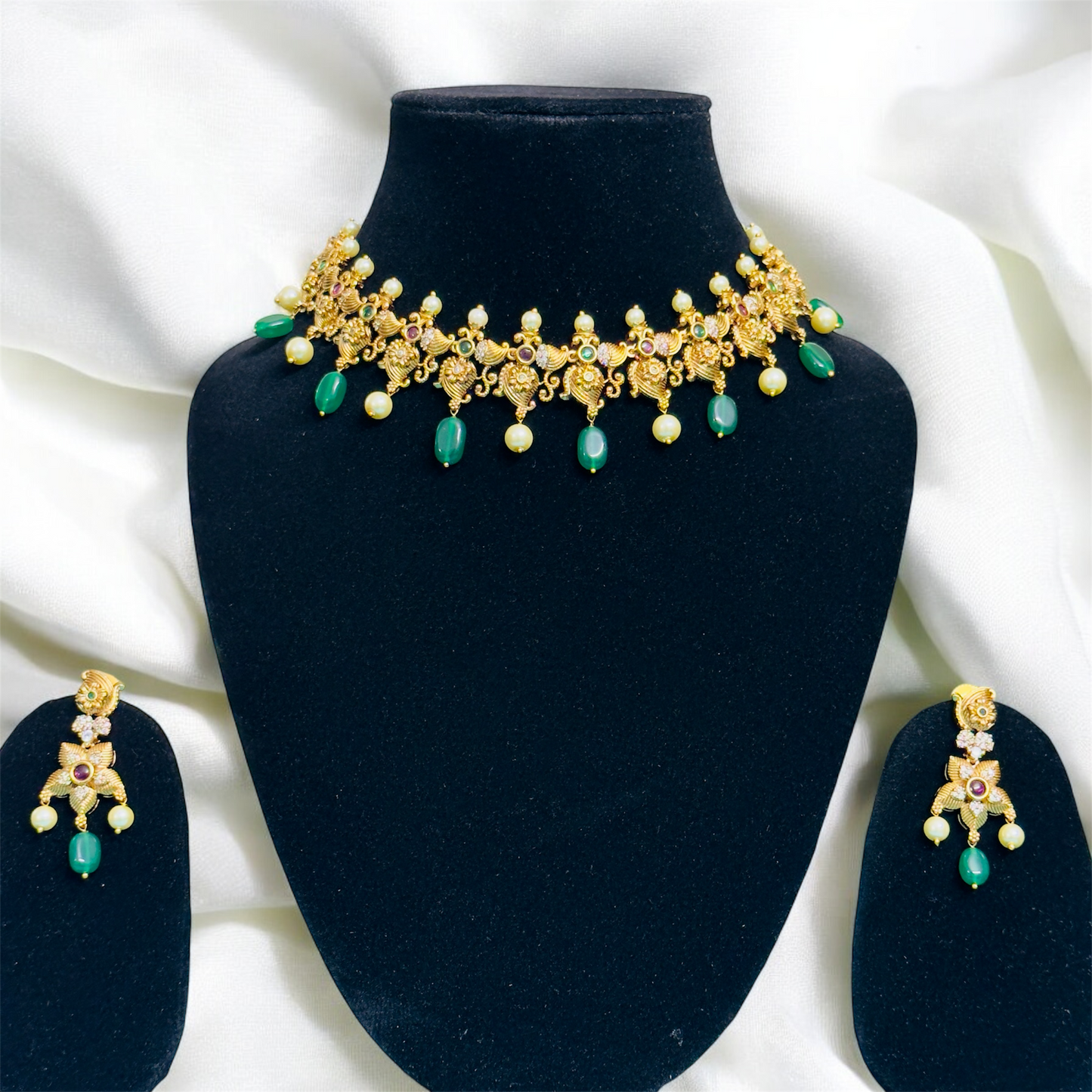 Beautiful and Elegant Green Beaded Choker with Earrings