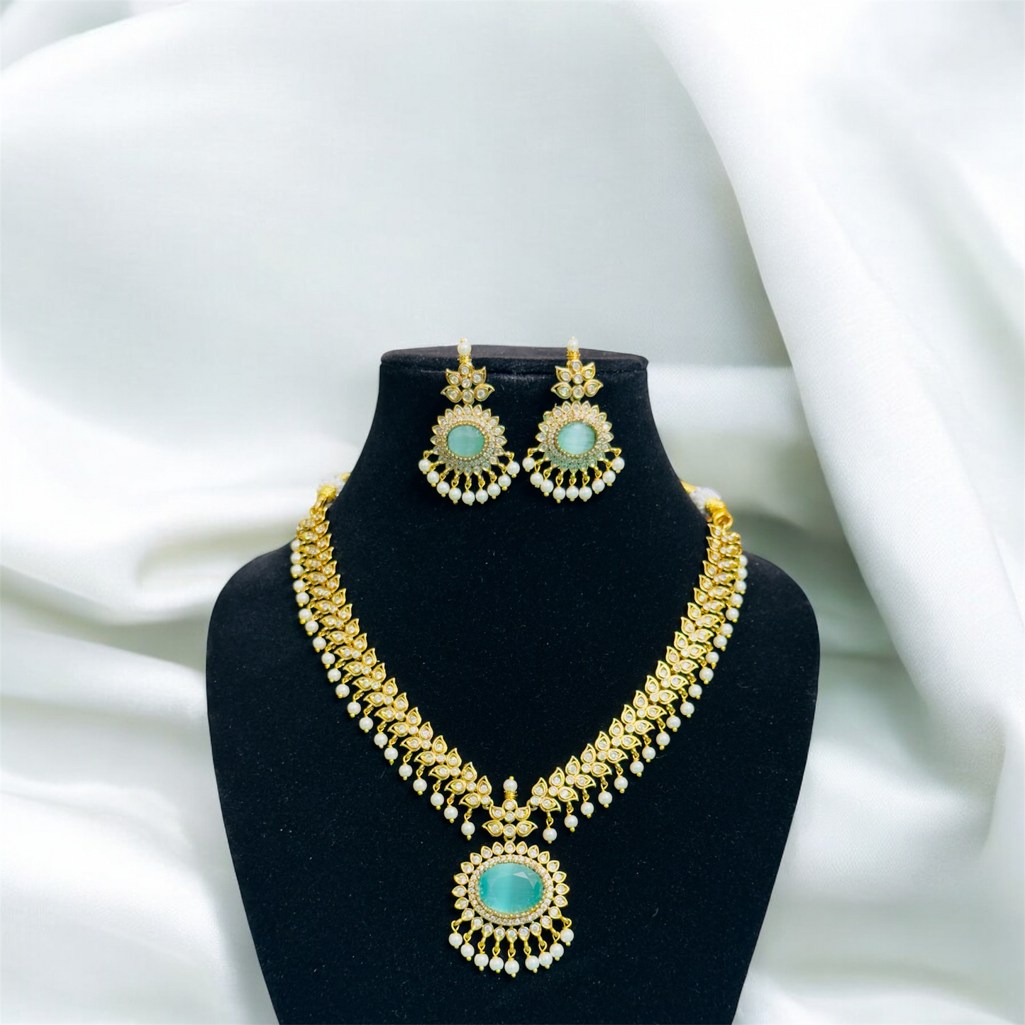 Sparkling AD Stone Necklace and Earrings with Pearls
