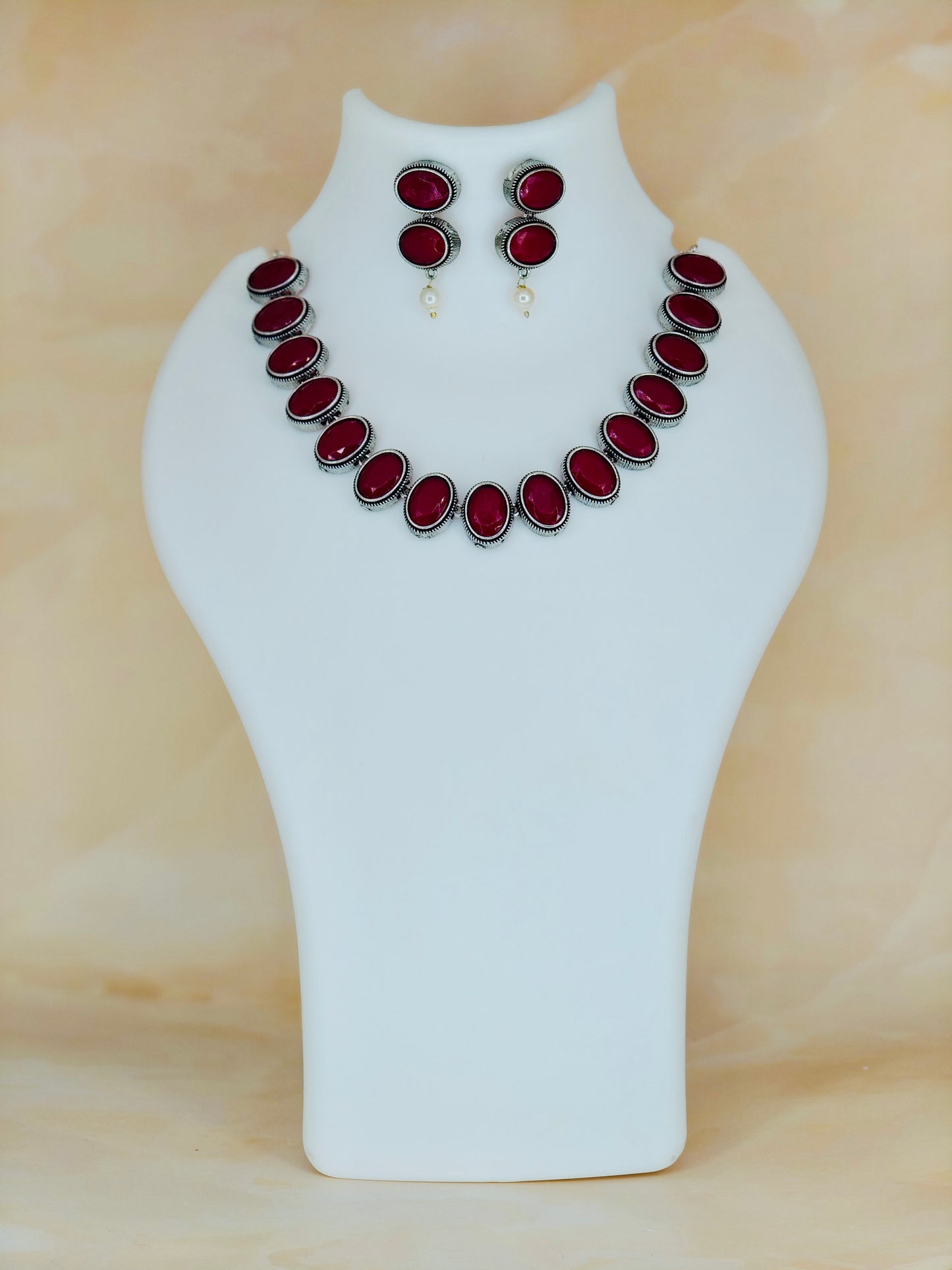 Elegant Oxidised Necklace Set Ruby