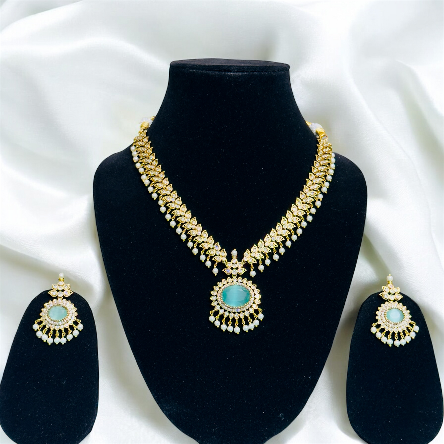 Sparkling AD Stone Necklace and Earrings with Pearls