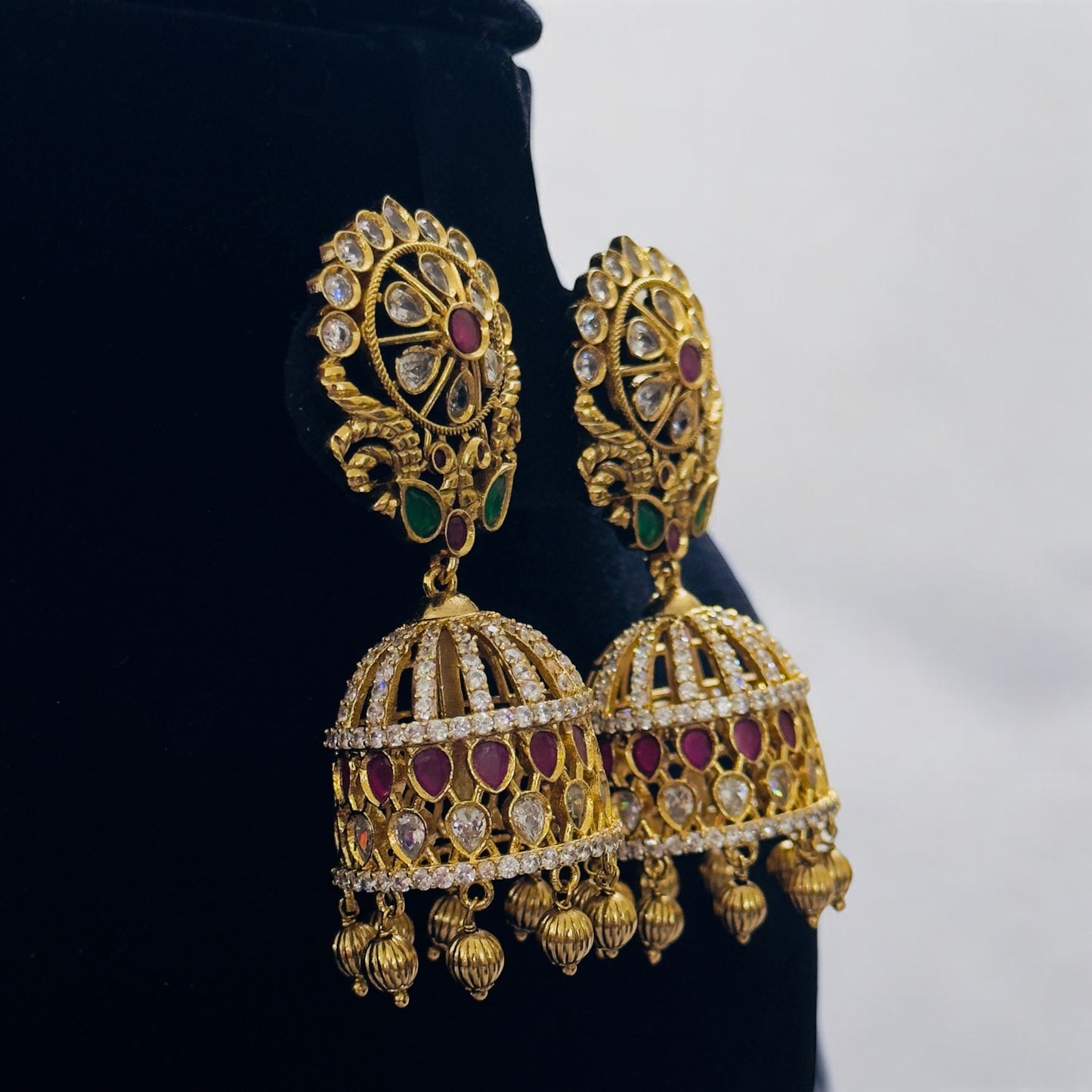 Beautiful Peacock Engraved Multi-stone Bridal Jhumka
