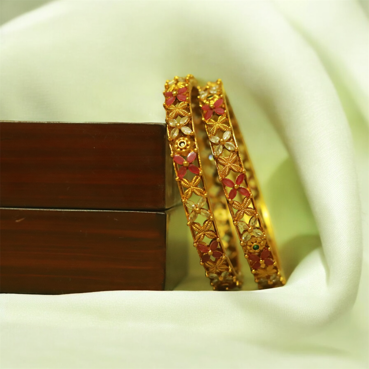 Multi Stones Flower Bangle (Set of 2)