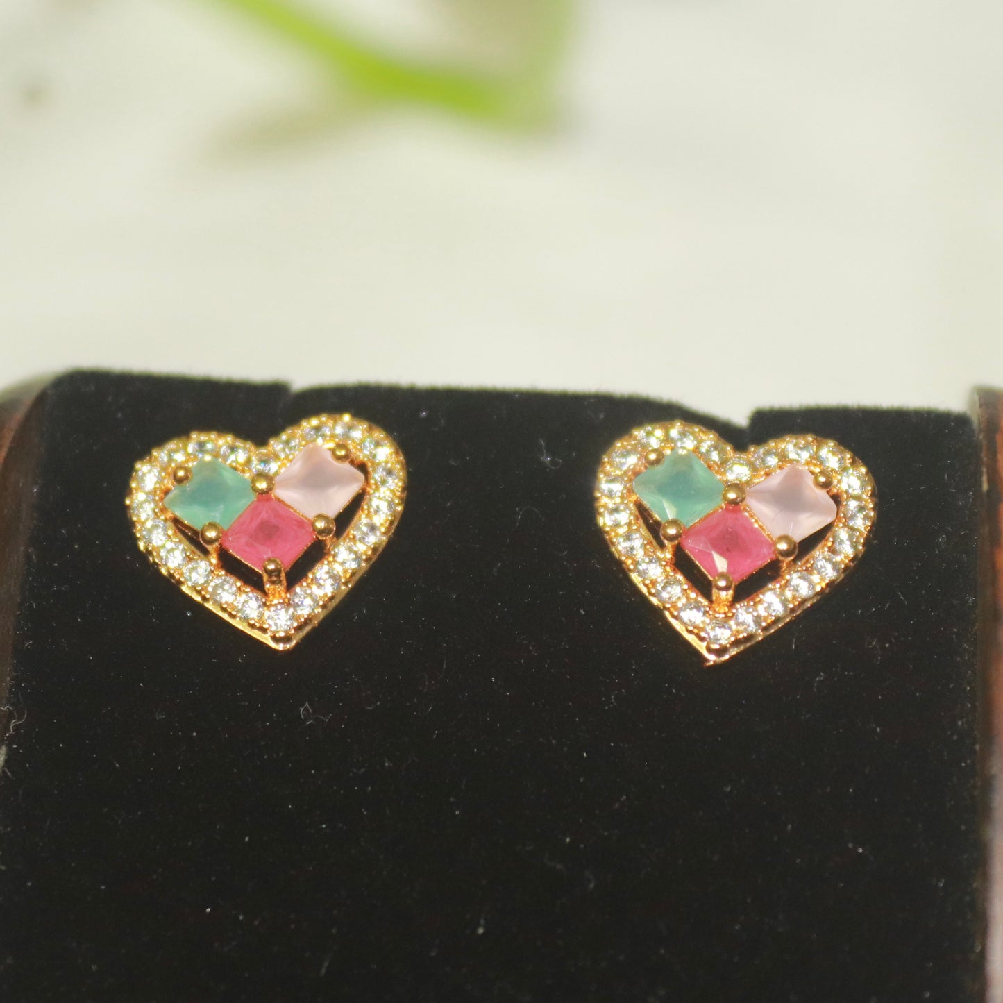 Multi Stone Heart Design Rose Gold Earrings