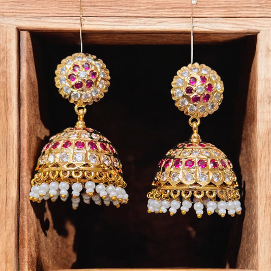 Traditional ruby & white Stone  Bridal Jhumka