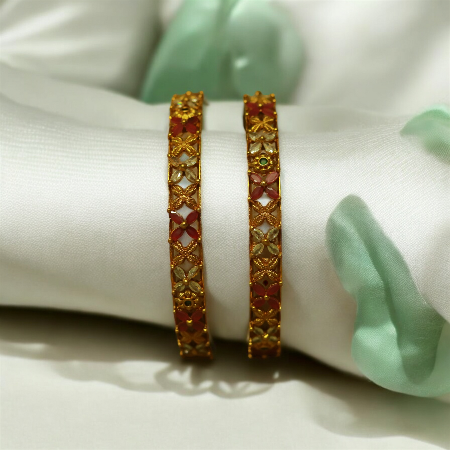 Multi Stones Flower Bangle (Set of 2)