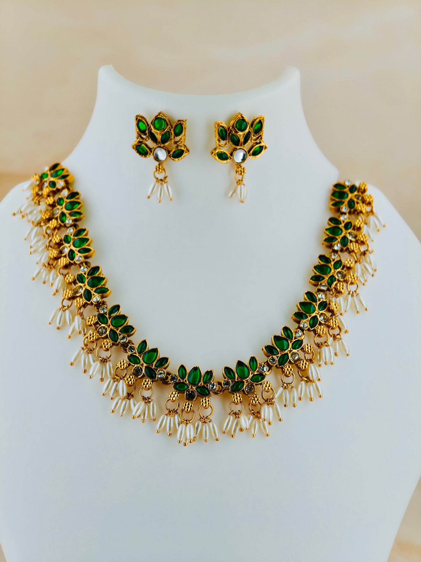 Beautiful Lotus Necklace with rice pearls Green