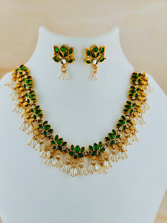 Beautiful Lotus Necklace with rice pearls Green