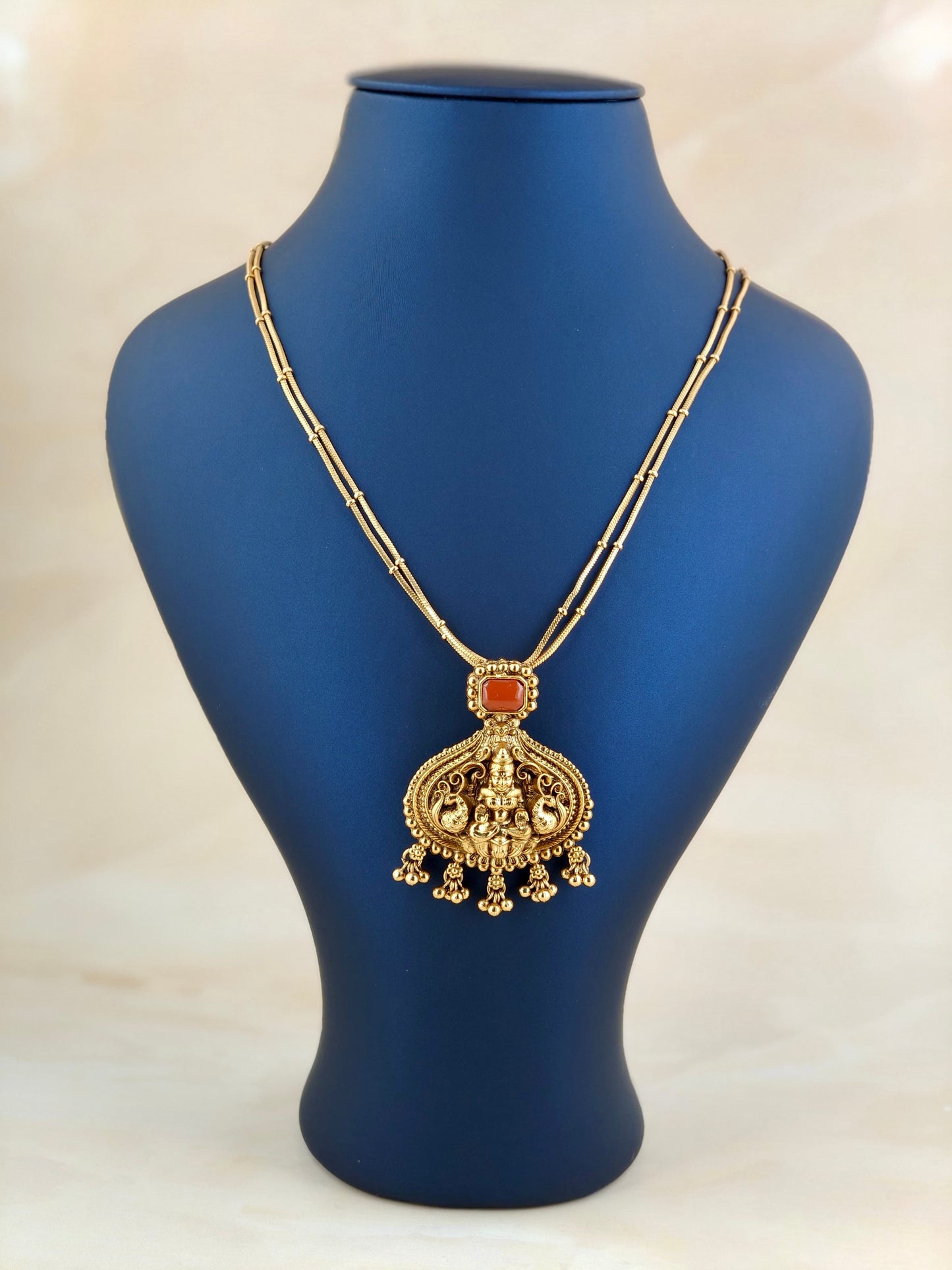 Lakshmi Pendant Simple Necklace with Orange Beads