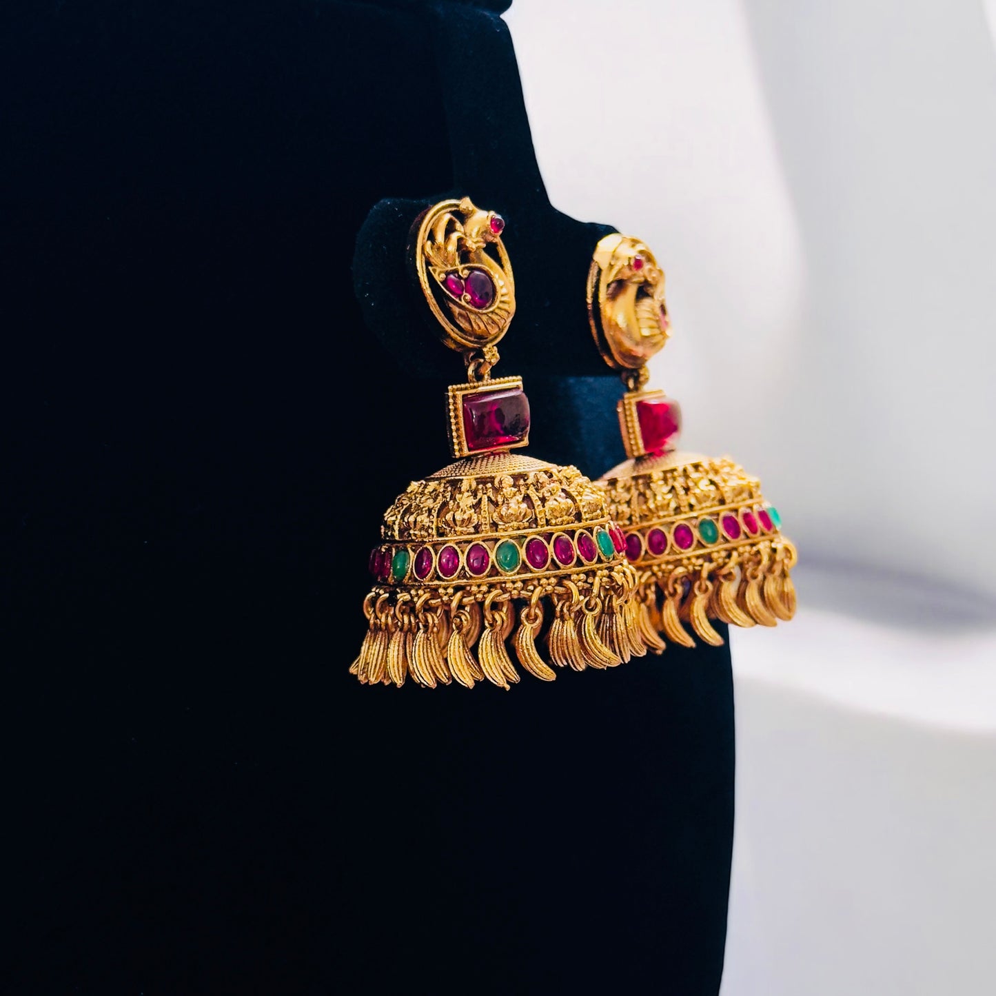Beautiful Peacock Lakshmi Engraved Bridal Jhumka