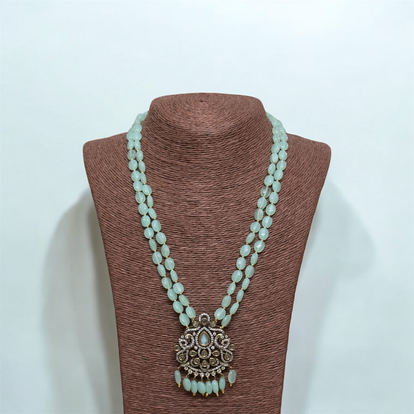 Victorian Pale Green Beaded Haaram & Earrings Set