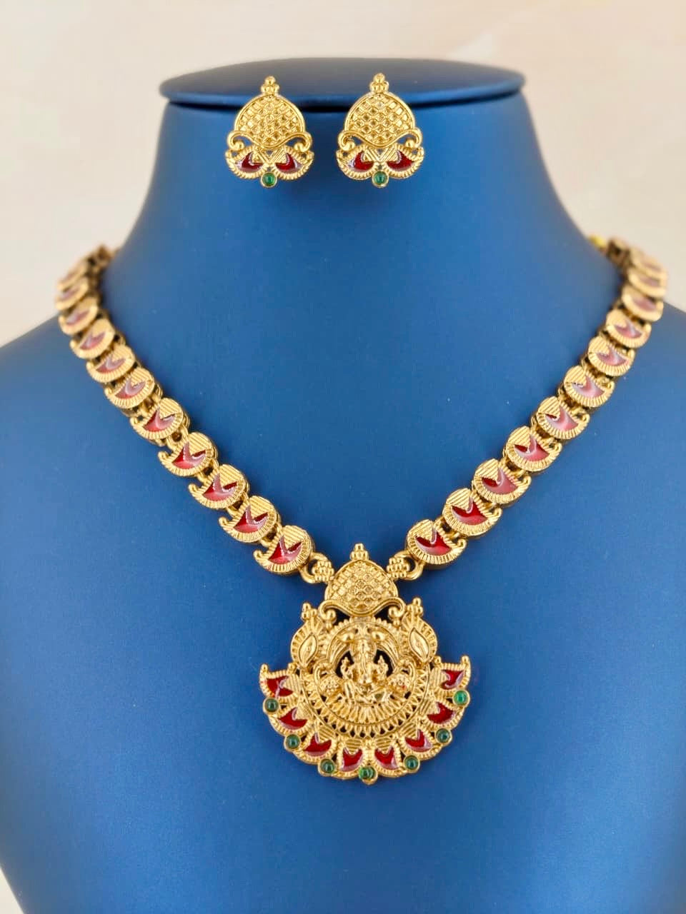 Antique Ganesha Pendant Enamel Necklace Red