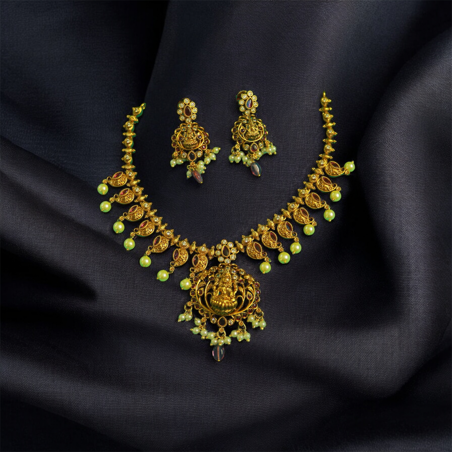 Beautiful Lakshmi Pendant Necklace with Pearls & Earrings Set
