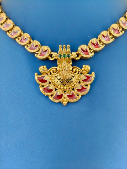 Antique Lakshmi Pendant Enamel Necklace Red