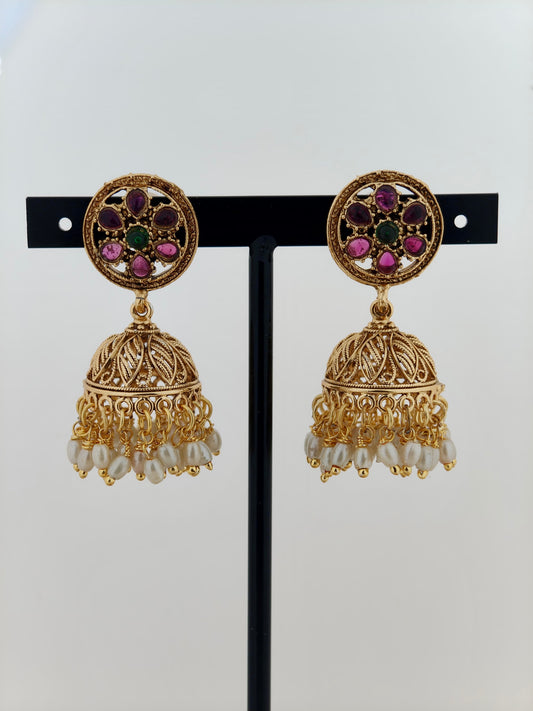 Beautiful Jumka in Ruby and Pearls