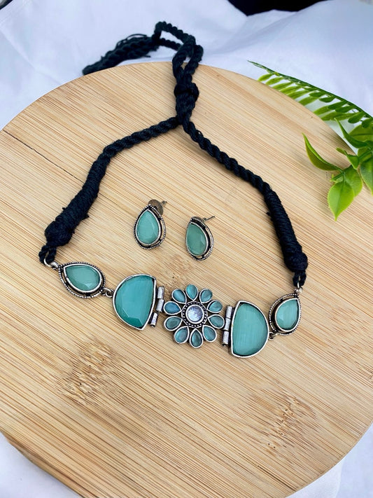 Oxidised Choker with Black thread & Aqua Blue Stones
