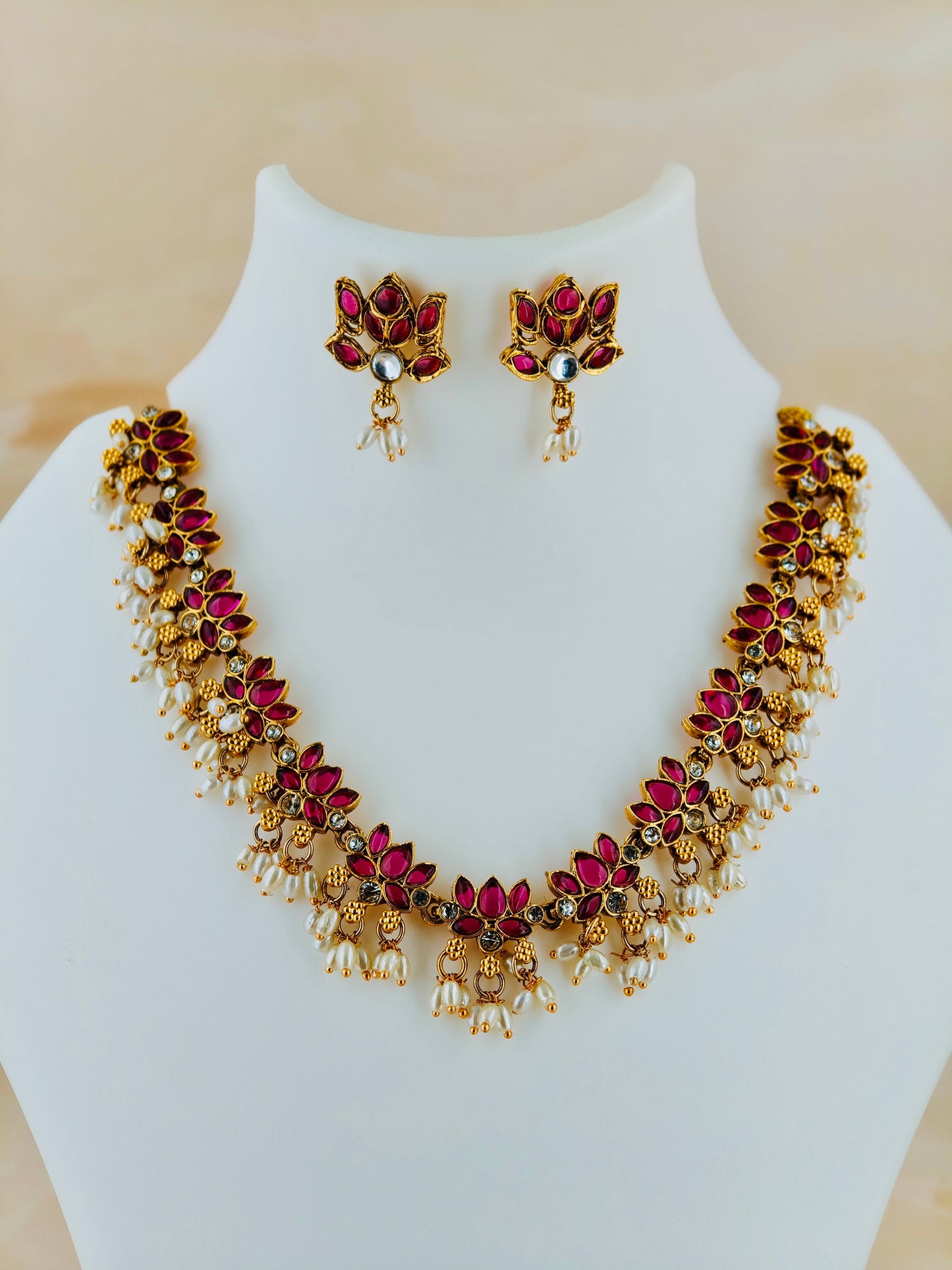 Beautiful Lotus Necklace with rice pearls Ruby
