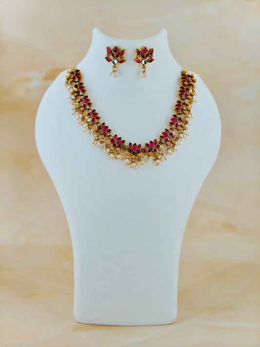 Beautiful Lotus Necklace with rice pearls Ruby