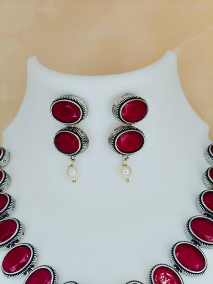 Elegant Oxidised Necklace Set Ruby