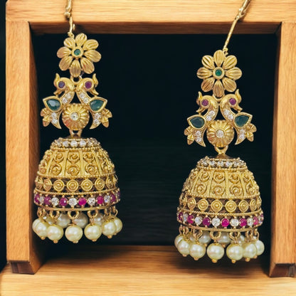 Floral Peacock engraved Jhumka with Pearls