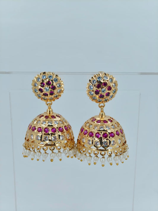 Traditional ruby & white Stone  Bridal Jhumka