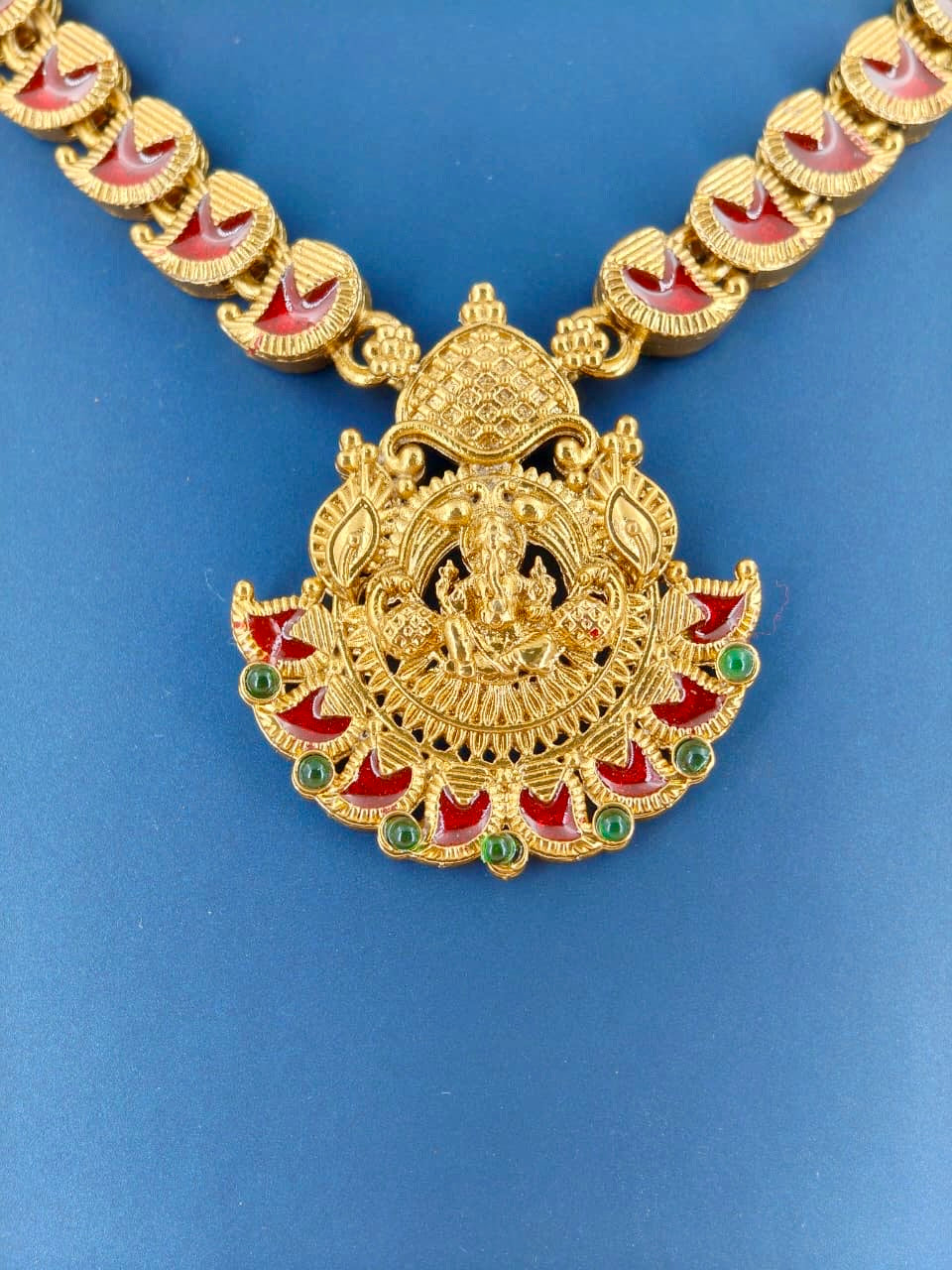 Antique Ganesha Pendant Enamel Necklace Red