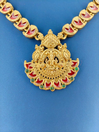 Antique Ganesha Pendant Enamel Necklace Red