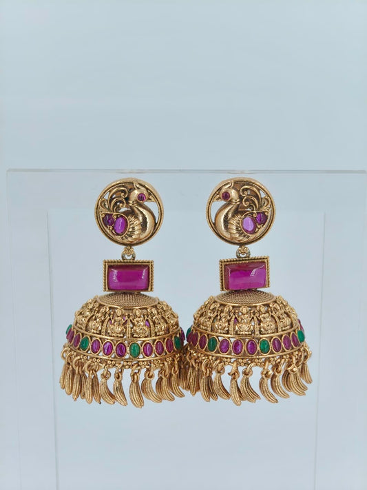Beautiful Peacock Lakshmi Engraved Bridal Jhumka