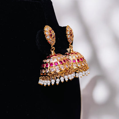 Traditional ruby & white Stone  Bridal Jhumka